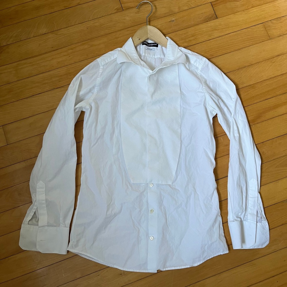 Dolce & Gabbana Gold White Cotton Textured Bib Tuxedo Shirt 15.5 39 Italy